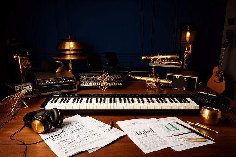 Muzyczna scena studyjna z instrumentami i subtelnymi motywami finansowymi