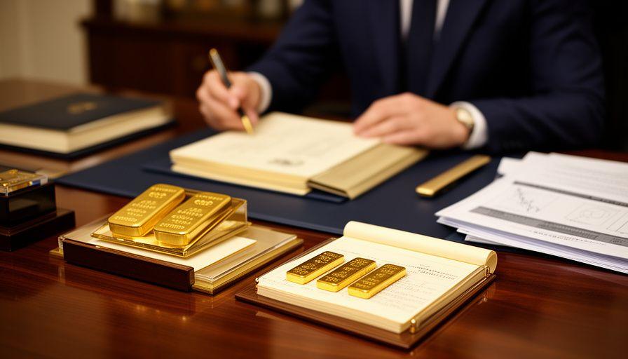 Doradca inwestycyjny analizujący notatki i próbki złota w eleganckim gabinecie
