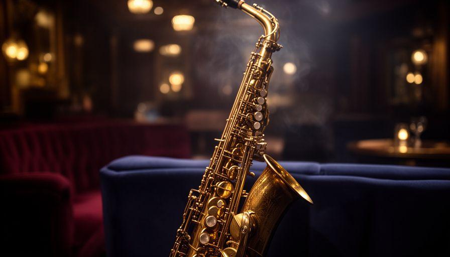 Elegancka scena jazzowa z saksofonem, ciepłym światłem i klubową atmosferą