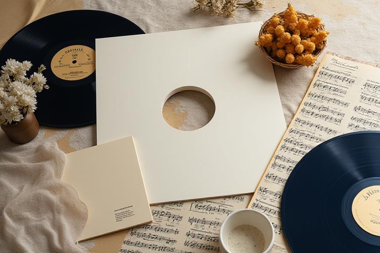 Starannie przygotowany album muzyczny na marmurowym stole z dekoracyjnymi akcentami