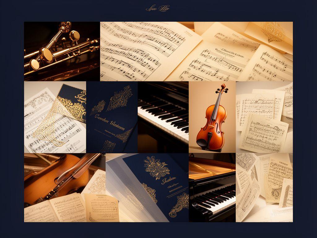 Galeria muzycznych inspiracji z instrumentami, nutami i subtelnymi złotymi detalami
